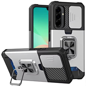 HR Premium Multi-Functional Card Magnetic Ring Stand Hybrid Camera Case Cover For Samsung Galaxy A27 - Silver