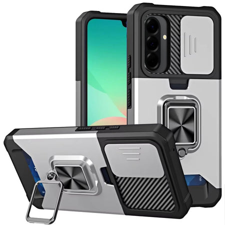 HR Premium Multi-Functional Card Magnetic Ring Stand Hybrid Camera Case Cover For Samsung Galaxy A27 - Silver