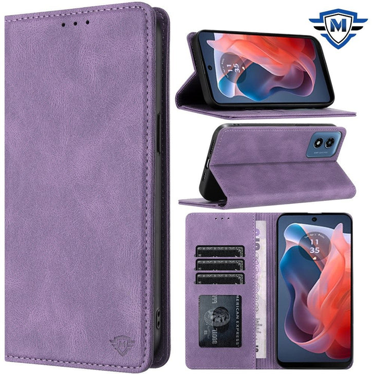 Metkase Wallet PU Vegan Leather ID Card Money Holder With Magnetic Closure In Slide-Out Package For Samsung A35 5G - Dark Purple