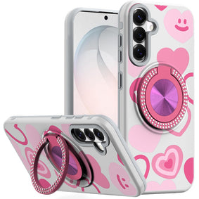HR Premium Metal Diamond Cd Pattern Design Matte Finished Hybrid With Rotational Ring [Car Mount Friendly] Case For Samsung Galaxy S26 Fe - Hearts