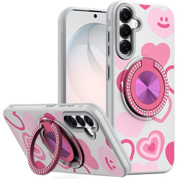HR Premium Metal Diamond Cd Pattern Design Matte Finished Hybrid With Rotational Ring [Car Mount Friendly] Case For Samsung Galaxy S26 Fe - Hearts