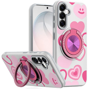 HR Premium Metal Diamond Cd Pattern Design Matte Finished Hybrid With Rotational Ring [Car Mount Friendly] Case For Samsung Galaxy S26 Fe - Hearts