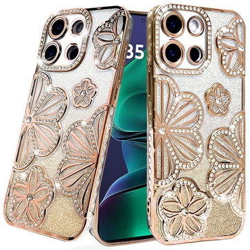 Premium Shimmer Glitter Floral Design Thick TPU Case Cover For Motorola Moto G Stylus 5G (2025) - Gold