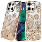 Premium Shimmer Glitter Floral Design Thick TPU Case Cover For Motorola Moto G Stylus 5G (2025) - Gold