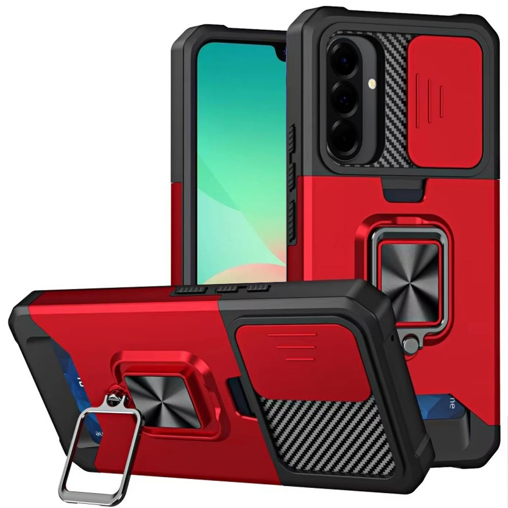 HR Premium Multi-Functional Card Magnetic Ring Stand Hybrid Camera Case Cover For Samsung Galaxy A27 - Red
