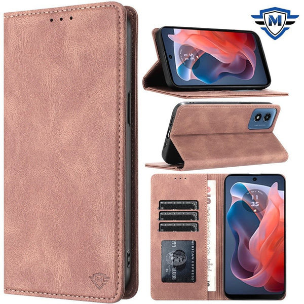 Metkase Wallet Premium PU Vegan Leather ID Card Money Holder With Magnetic Closure In Premium Slide-Out Package For Motorola Moto G 5G 2024 - Rose Gold