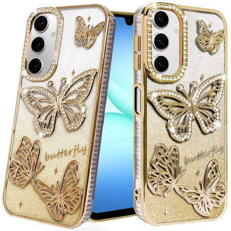 Premium Butterfly Freedom Shimmer Glitter Thick TPU Case For Samsung A17 5G - Gold