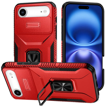 Premium Multi-Functional Card Magnetic Ring Stand Hybrid Camera Case Cover For iPhone 17 Air - Red