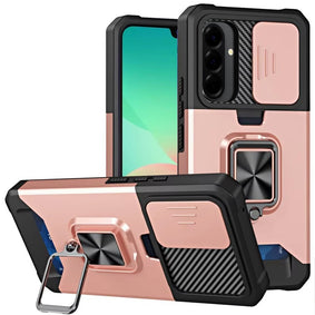 HR Premium Multi-Functional Card Magnetic Ring Stand Hybrid Camera Case Cover For Samsung Galaxy A27 - Rose Gold