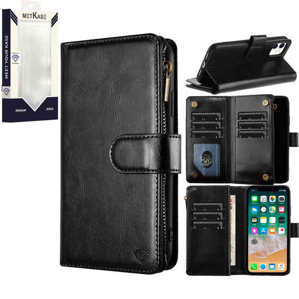Metkase Luxury Wallet Card ID Zipper Money Holder In Slide-Out Package For Samsung A35 5G - Black