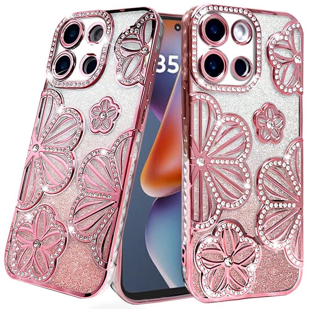 Premium Shimmer Glitter Floral Design Case For Moto G 5G 2025/2026 & Moto G Play 2026 - Rose Gold