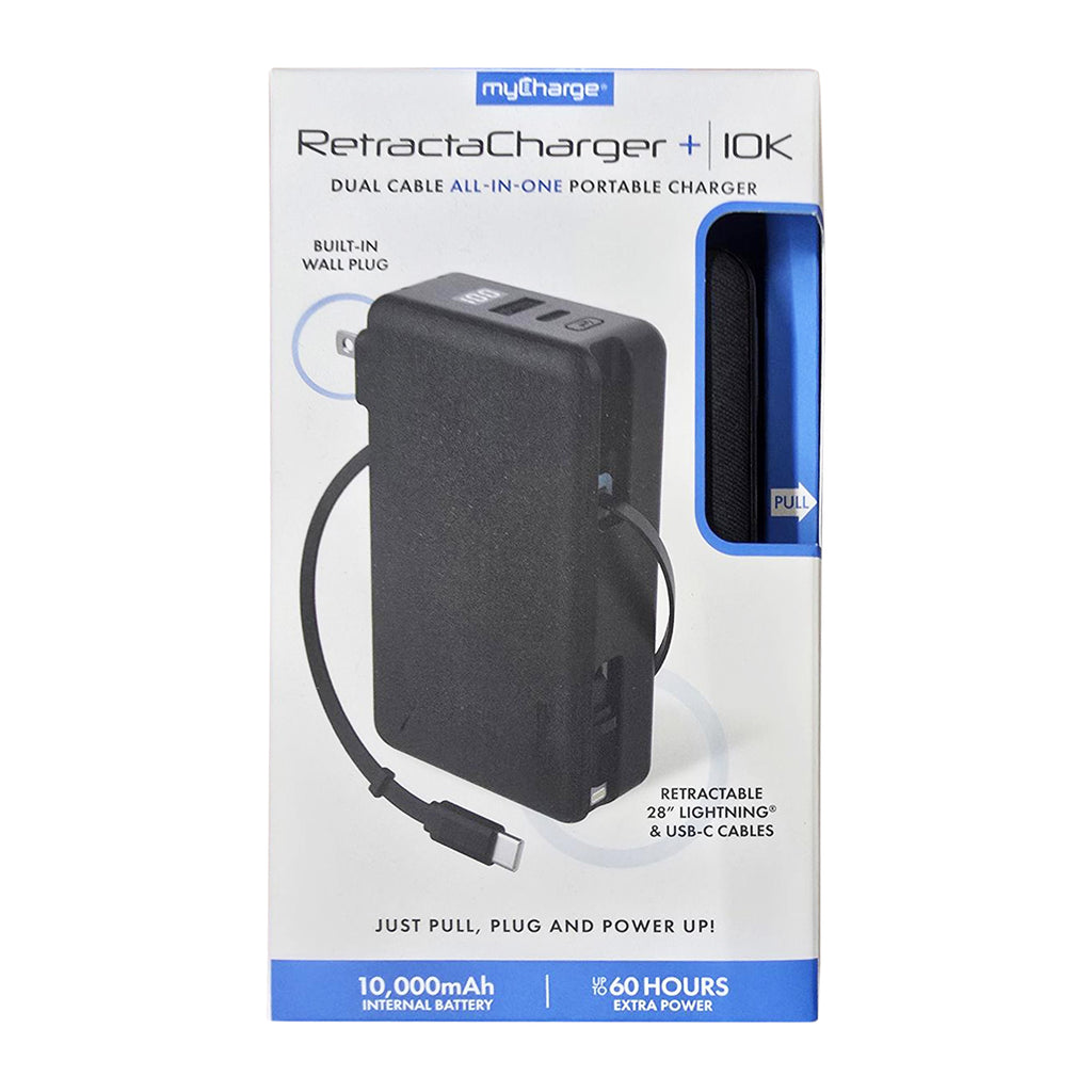myCharge 10K Mah Retractacharger W/ Built-In Usb-C & Lightning Cables & Wall Plug - Black