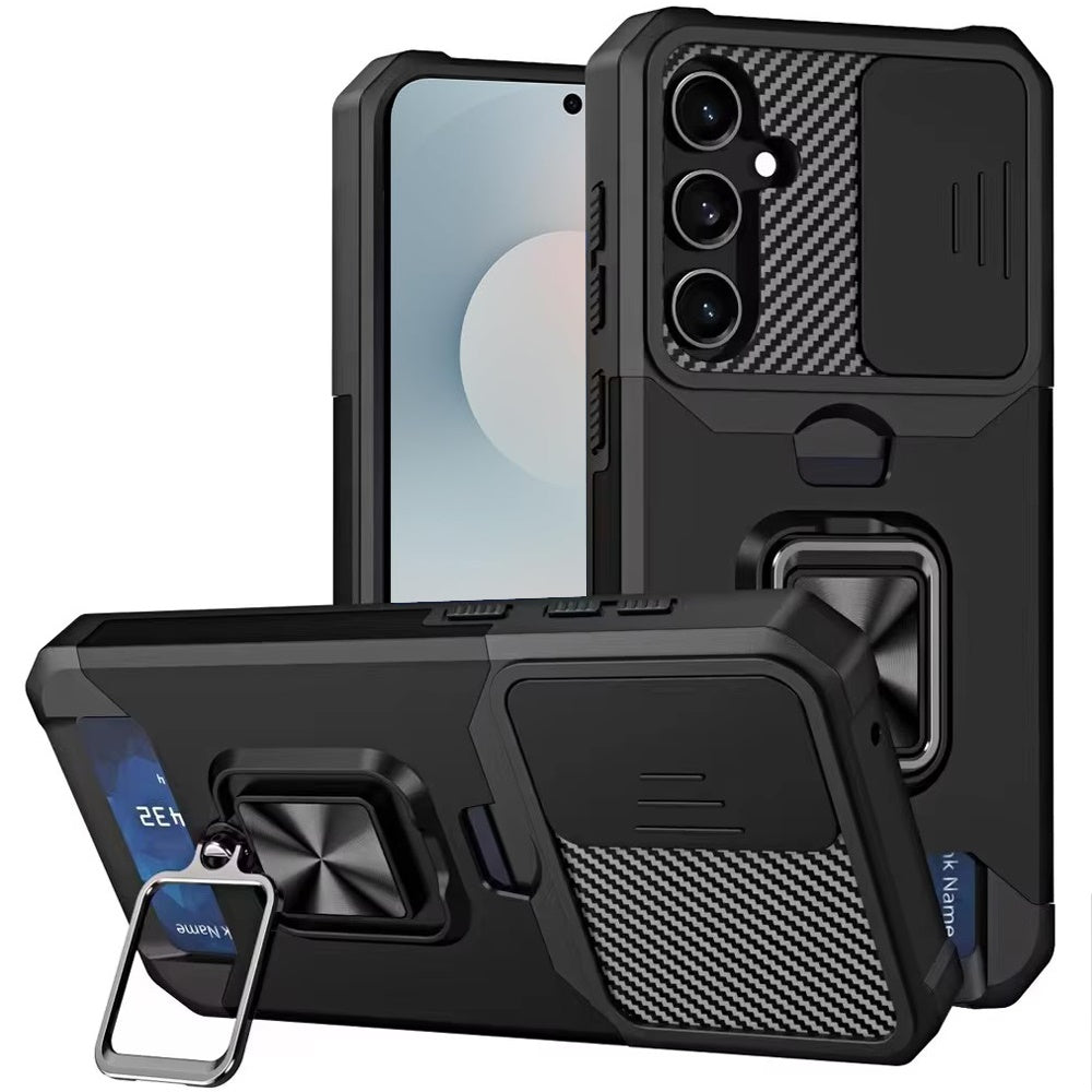 Premium Multi-Functional Card Magnetic Ring Stand Hybrid Camera Case Cover For Samsung S25 - Black