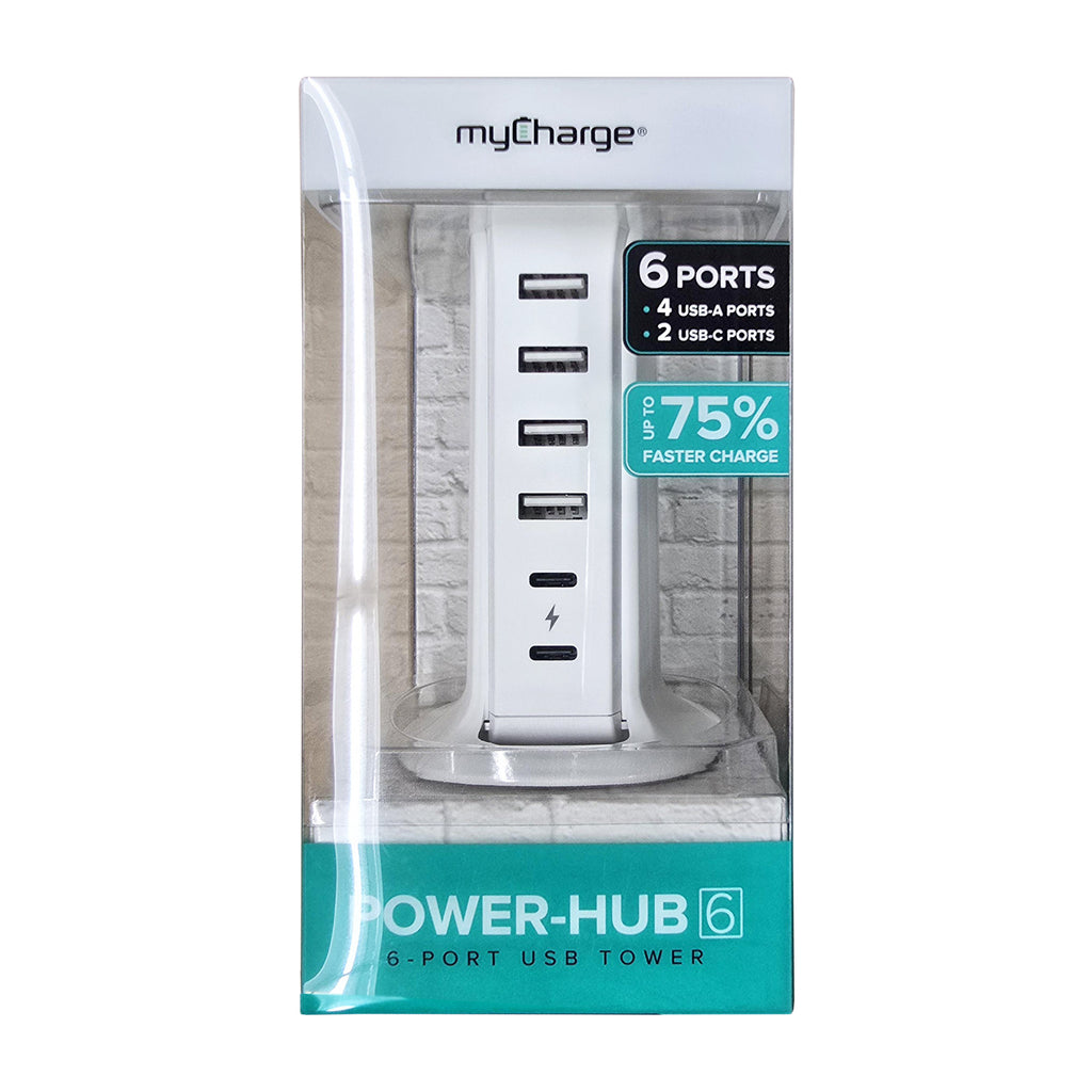 myCharge Powerhub 6-Port Usb Tower (4 Usb-A & 2 Usb-C) - White