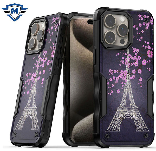 Metkase PremiumExquisite Design Hybrid Case In Slide-Out Package For iPhone 15 Pro Max - Dark Grunge Eiffel Tower Paris Sakura Flowers