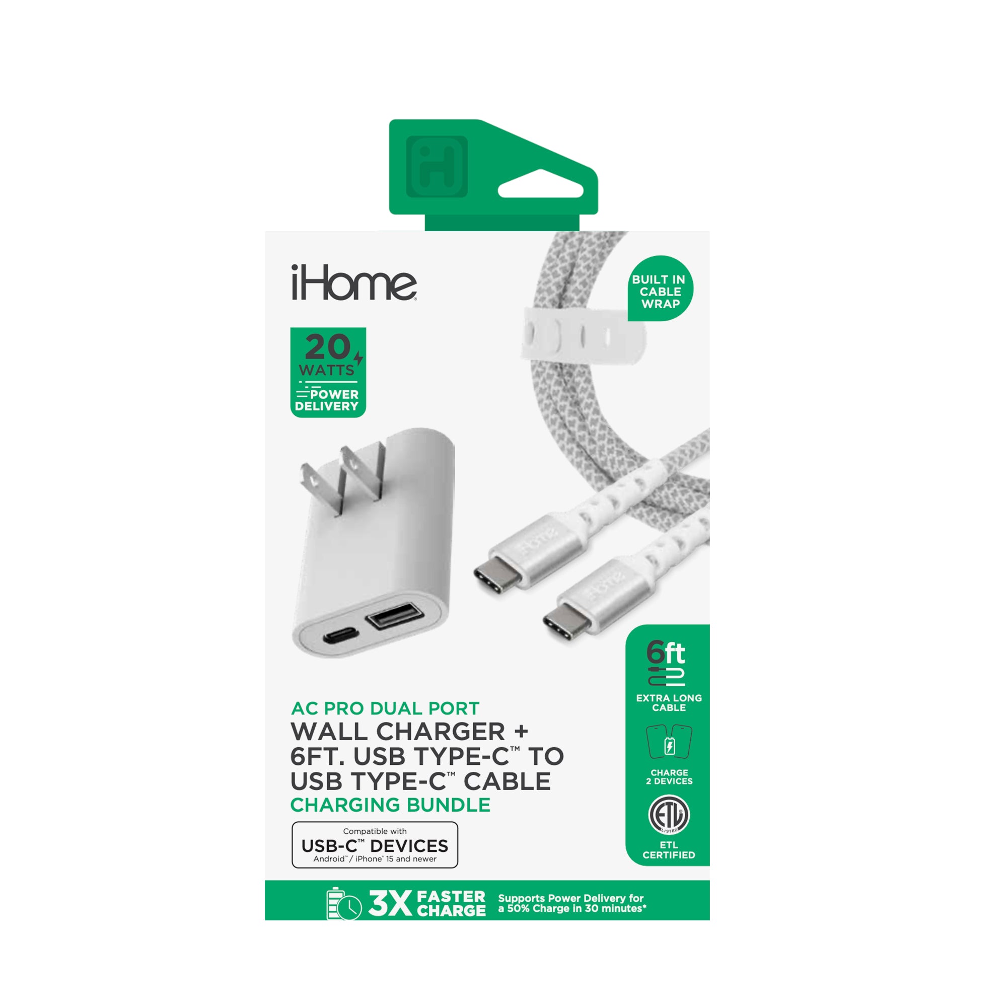 iHome 20W Dual-Port Ac Pro Usb-A & Usb-C Wall Charger W/ Folding Prongs + 6' Usb-C To Usb-C Nylon Cable - White