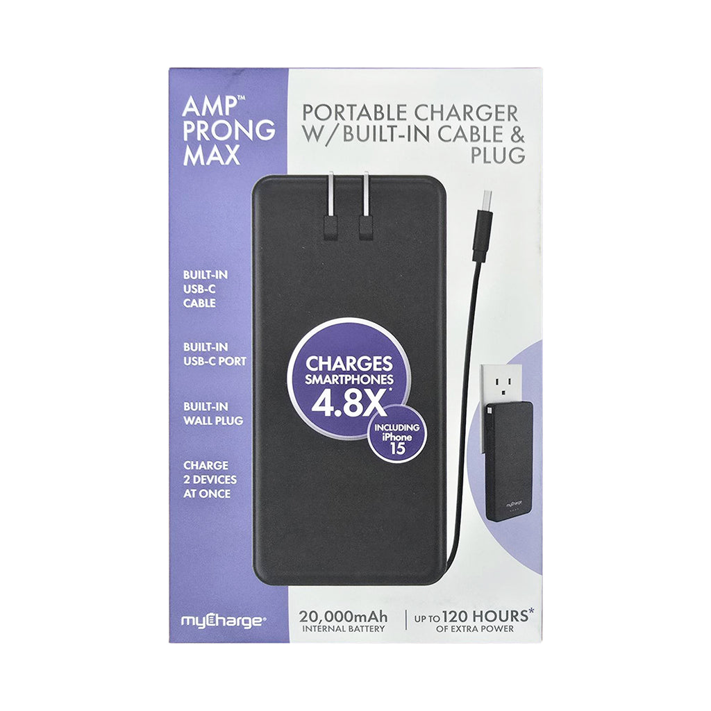myCharge 20K Mah Amp Prong Max Power Bank W/ Built-In Usb-C Cable & Wall Plug - Black