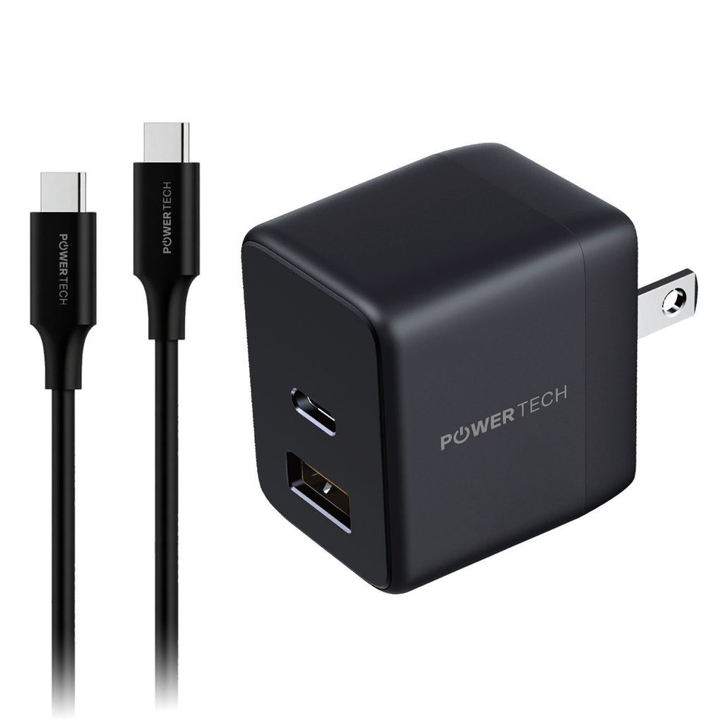 Powertech 20W PD Dual-Port USB-A & USB-C Wall Charger W/ 4' C-C Cable - Black