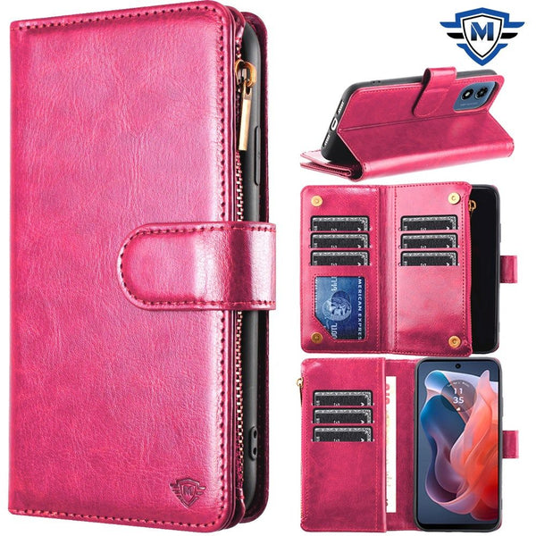 Metkase Luxury Wallet Card Id Zipper Money Holder Case Cover In Premium Slide-Out Package For Motorola Moto G 5G 2024 - Hot Pink