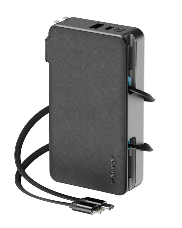 myCharge 10K Mah Retractacharger W/ Built-In Usb-C & Lightning Cables W/ Ac - Black