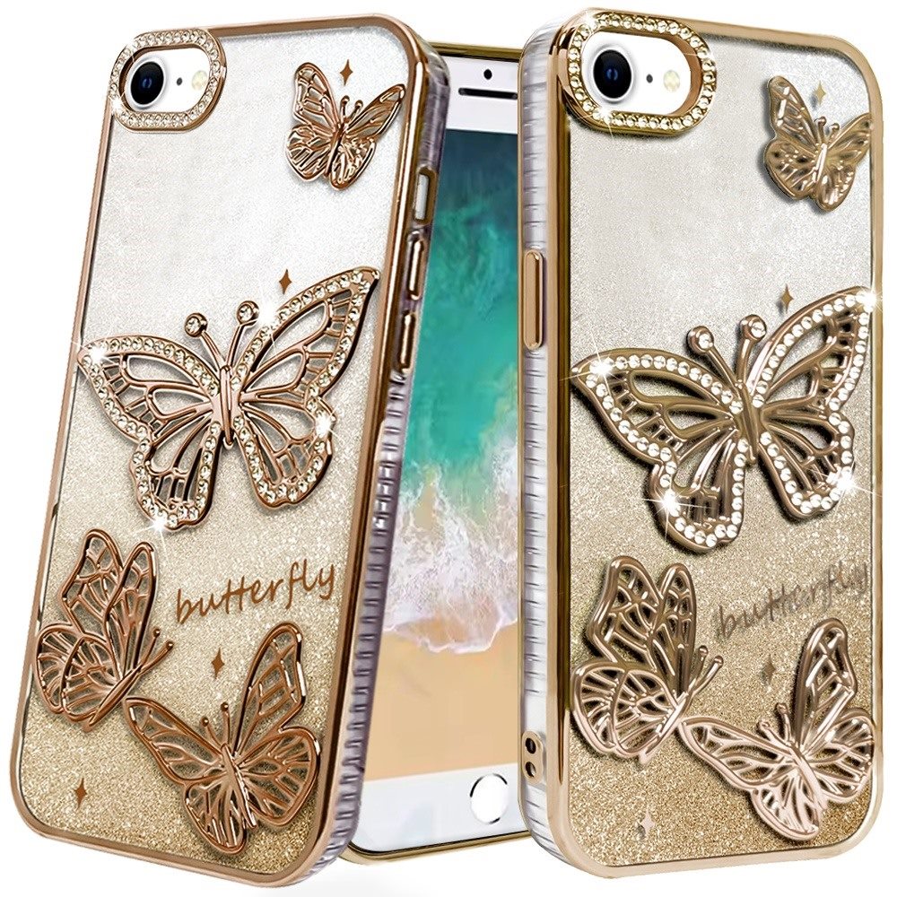 Premium Butterfly Freedom Shimmer Glitter Thick TPU Case For iPhone 16E / SE4 (2025) - Gold