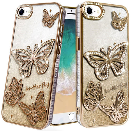 Premium Butterfly Freedom Shimmer Glitter Thick TPU Case For iPhone 16E / SE4 (2025) - Gold