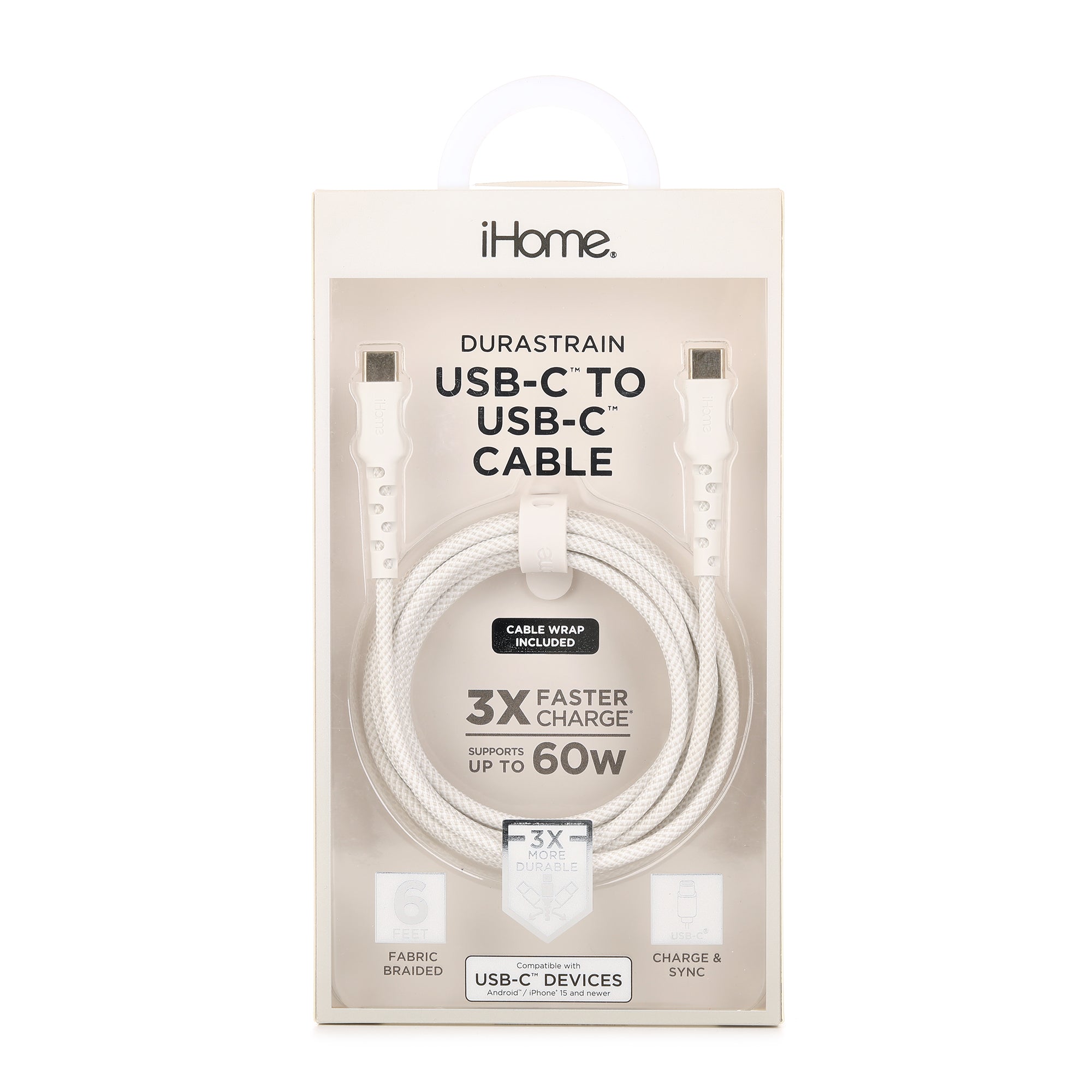 iHome Durastrain 6' Braided Usb-C To Usb-C Cable W/ Cable Wrap - White