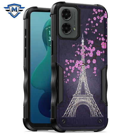 Metkase Premium Exquisite Design Hybrid Case In Slide-Out Package For Motorola Moto G 5G 2024 - Dark Grunge Eiffel Tower Paris Sakura Flowers