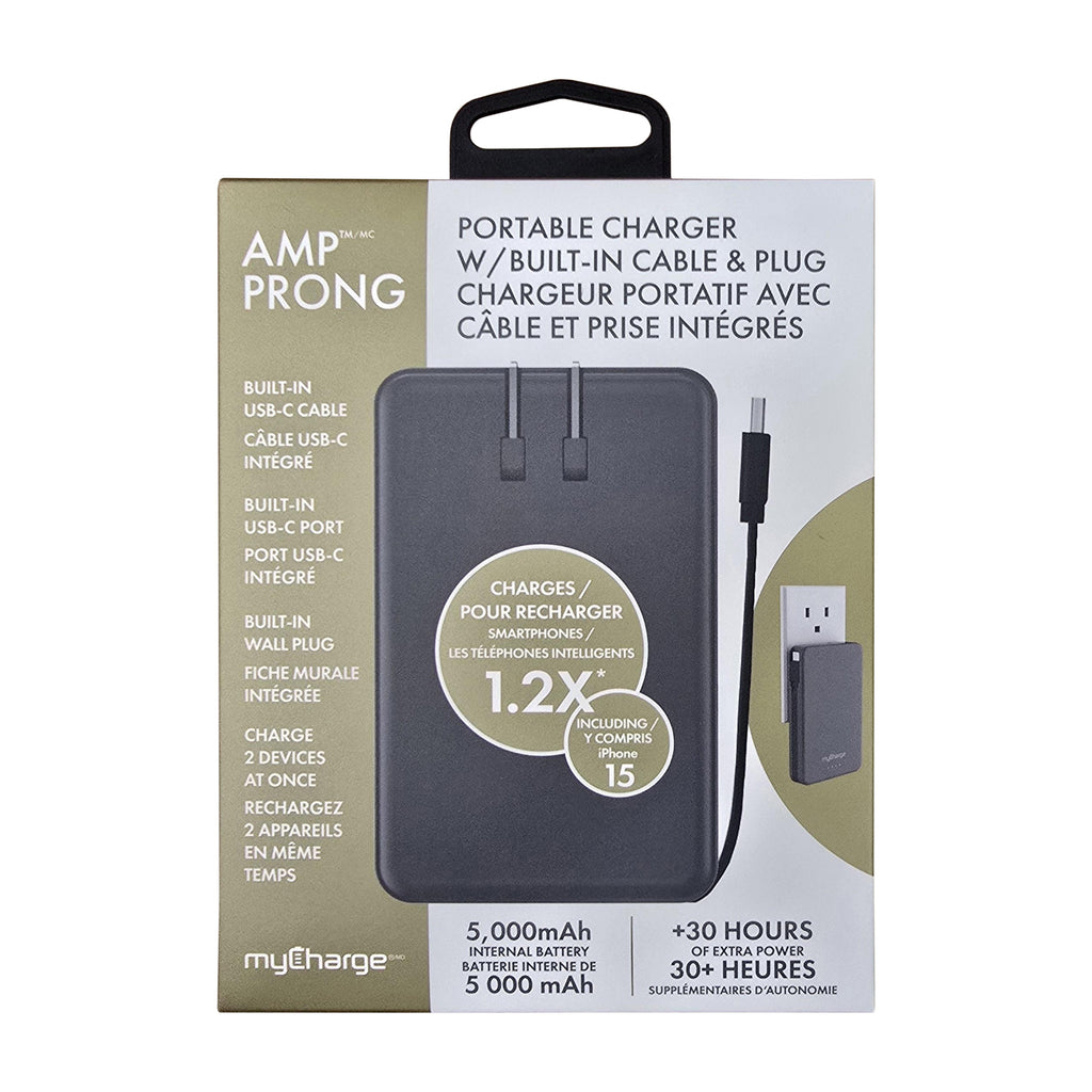 myCharge 5K Mah Amp Prong Power Bank W/ Built-In Usb-C Cable & Wall Plug - Grey