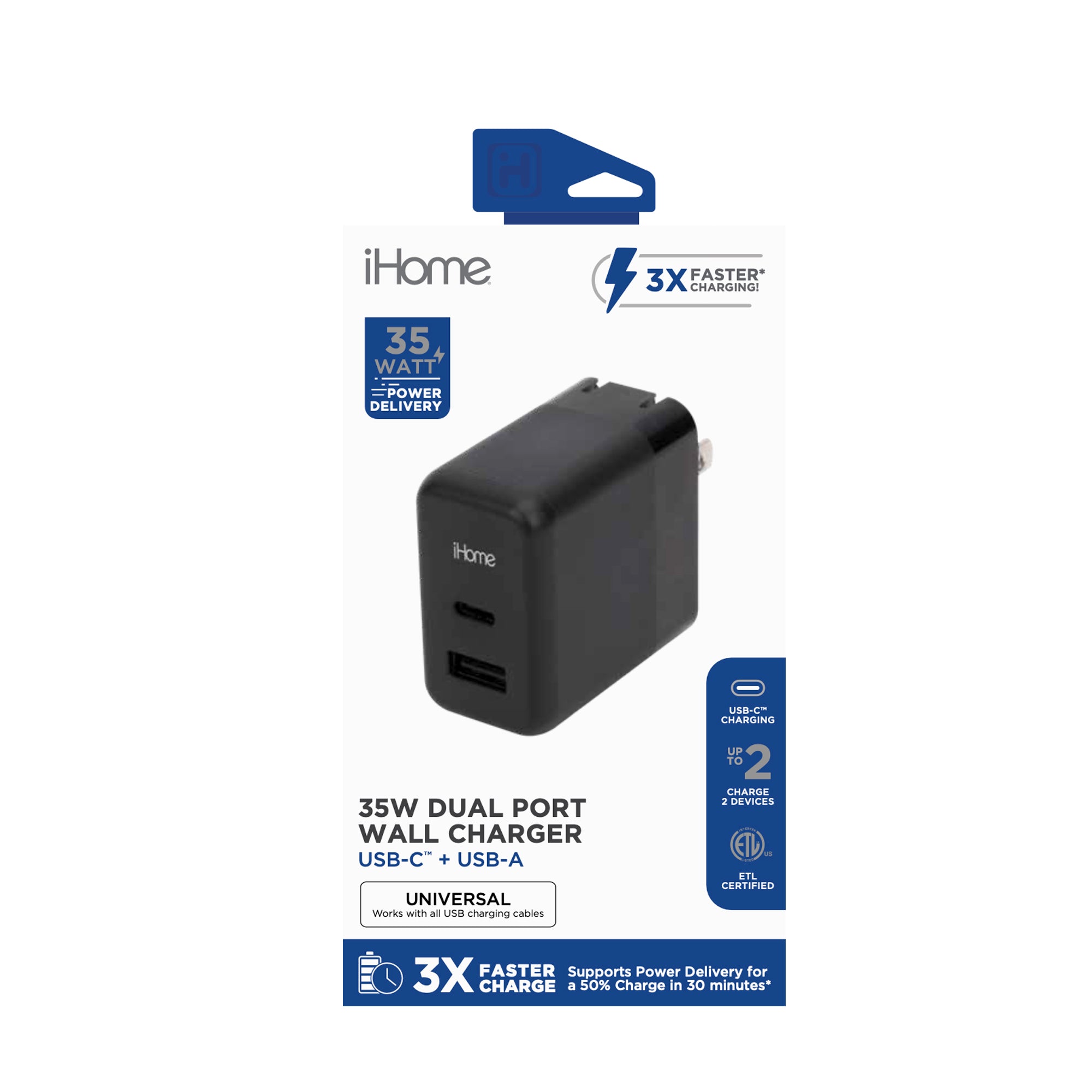iHome 35W Dual-Port Usb-A & Usb-C Wall Charger W/ Folding Prongs (Non-Gan) - Black