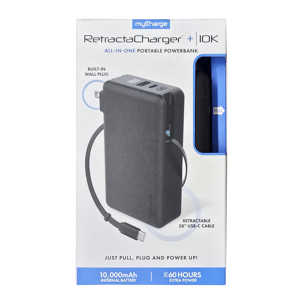 myCharge 10K Mah Retractacharger Power Bank W/ Built-In Usb-C Cable & Wall Plug - Black