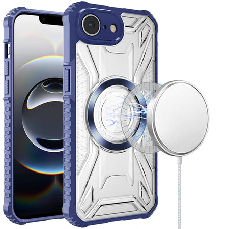 Premium [Magnetic Circle] Cd Pattern Transparent Rugged Hybrid Case for iPhone 16E / SE4 - Dark Blue