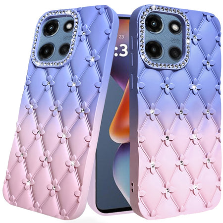 Premium Floral Joy Glitter Shimmer Leather TPU Case For Motorola Moto G 5G 2025 - Light Blue/Pink