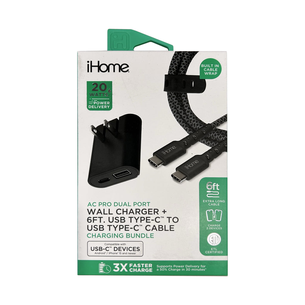 iHome 20W Dual-Port Ac Pro Usb-A & Usb-C Wall Charger W/ Folding Prongs + 6' Usb-C To Usb-C Nylon Cable - Black