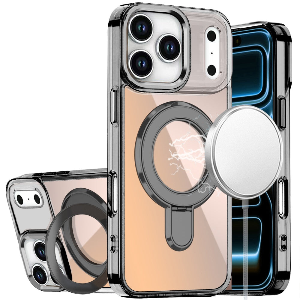 HR Premium Chrome Hq Rotational Magnetic Ring Hybrid Case For Apple Iphone 18 Pro Max - Black