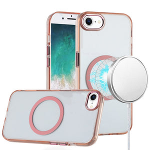 Premium Magnetic Circle Ring Transparent Premium Acrylic Case With Metal Buttons & Camera Raised Lip For iPhone 16E / SE4 - Rose Gold