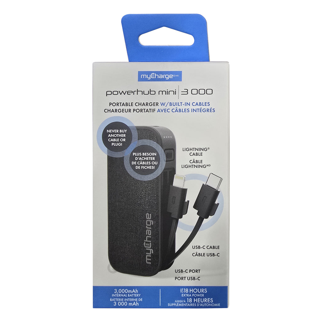 myCharge 3K Mah Powerhub Mini Power Bank W/ Built-In Usb-C & Lightning Cables - Black