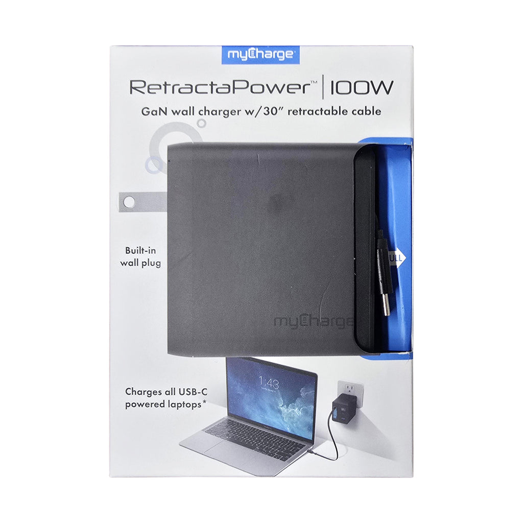 myCharge 100W Retractapower Gan Wall Charger W/ 30" Retractable Usb-C Cable & 2 Ports (Usb-C & Usb-A) - Black