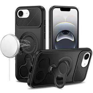 Premium Car Mount With 2-Ring Stand Hybrid Case For iPhone 16E (E Edition) / SE4 (2025) - Black