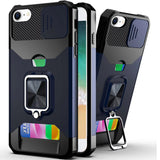 Premium Multi-Functional Card Magnetic Ring Stand Hybrid Camera Case For iPhone 16E / SE4 - Blue