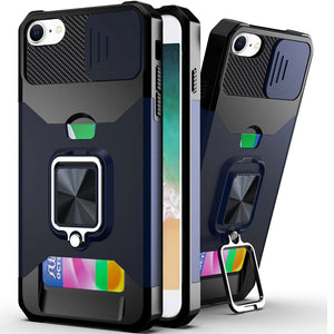 Premium Multi-Functional Card Magnetic Ring Stand Hybrid Camera Case For iPhone 16E / SE4 - Blue