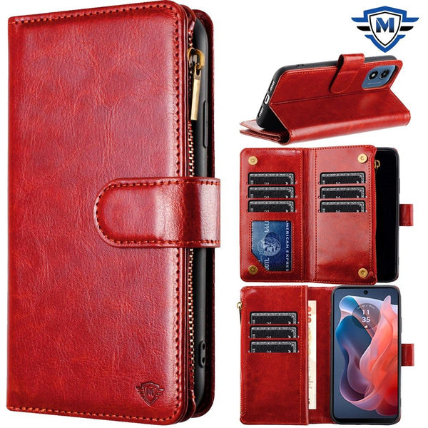 Metkase Luxury Wallet Card Id Zipper Money Holder Case Cover In Premium Slide-Out Package For Motorola Moto G 5G 2024 - Red