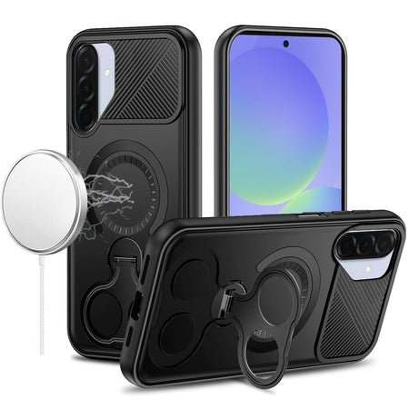 Premium Car Mount With 2-Ring Stand Hybrid Case For Samsung A17 5G - Black
