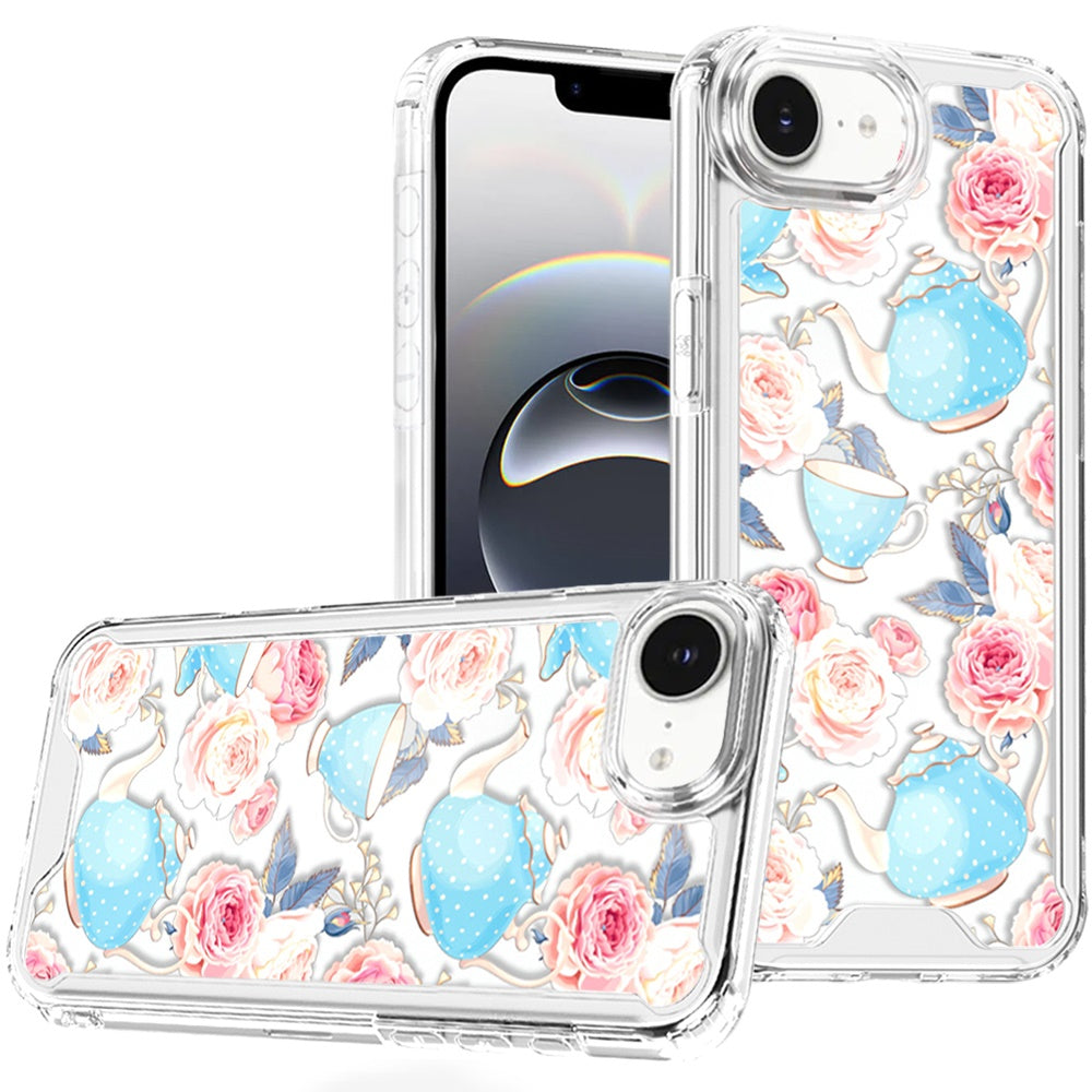 Premium Beautiful TPU Designs Case For iPhone 16E / SE4 (2025) - Pink Roses & Teal Teapots