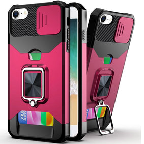 Premium Multi-Functional Card Magnetic Ring Stand Hybrid Camera Case for iPhone 16E / SE4 - Hot Pink