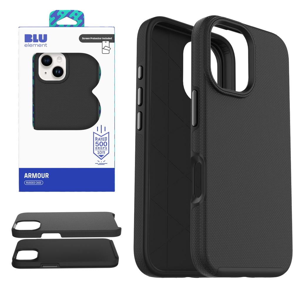 Blu Element Armour Rugged Case With Screen Protector For Iphone 17E/16E/14/13 - Black
