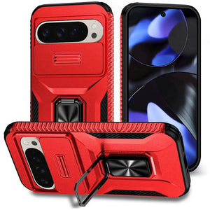 Premium Complete Magnetic Metal Ring Stand Camera Protection Hybrid Case For Google Pixel 10/10 Pro - Red