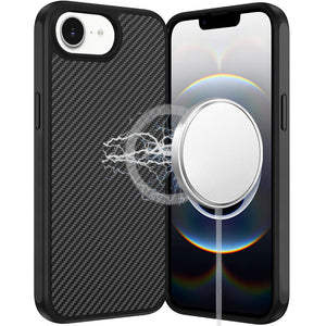 Premium Carbonfiber Design Magnetic Ring HQ Thick 2.0mm Hybrid Case For iPhone 16E / SE4 - Black