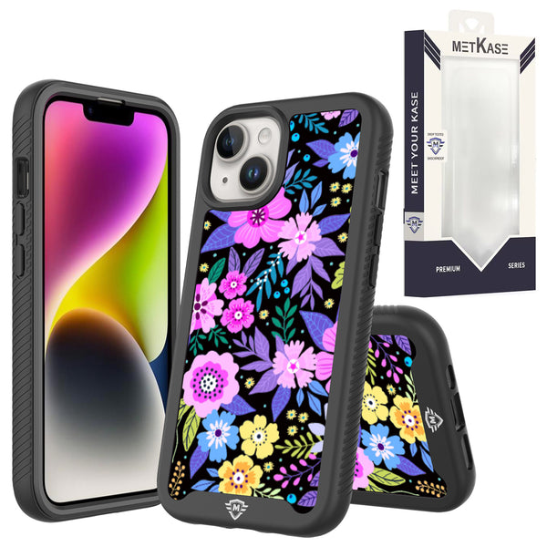 Metkase Premium Exotic Design Hybrid Case In Slide-Out Package For iPhone 15 Plus - Colorful Flower Arrangement