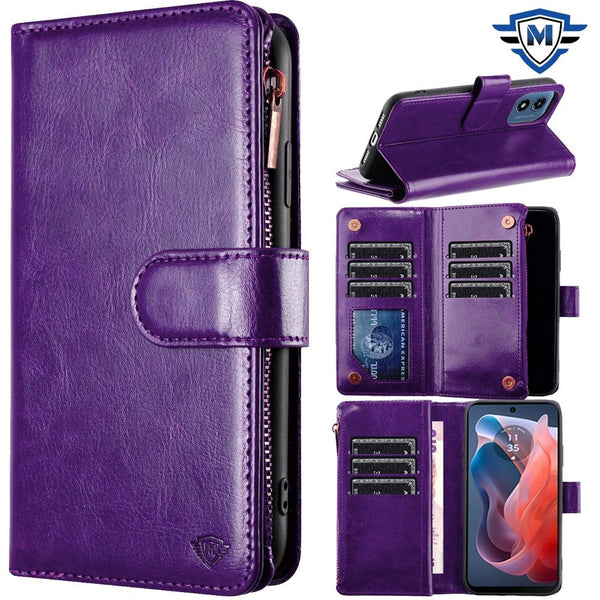 Metkase Luxury Wallet Card Id Zipper Money Holder Case Cover In Premium Slide-Out Package For Motorola Moto G 5G 2024 - Dark Purple